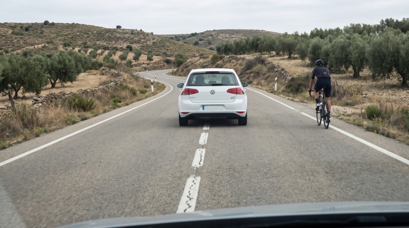 Coche circulando detrás de otro en una carretera convencional, con un ciclista en el arcén